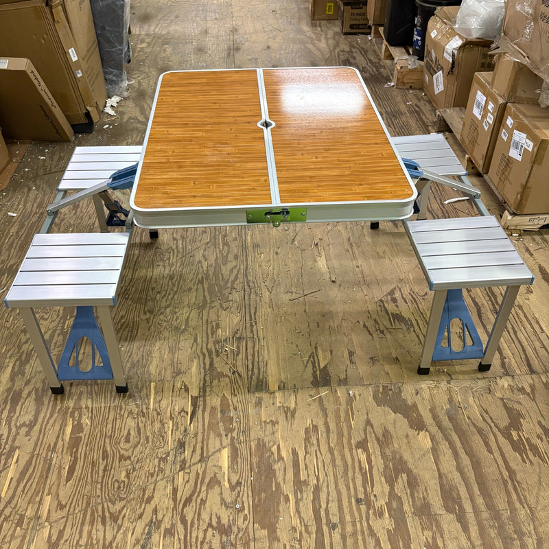 Portable Folding Picnic Table With 4-Person Chair Seats Wood Aluminum Alloy