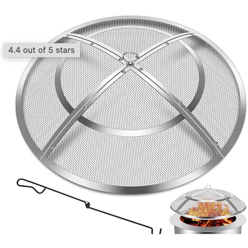 Fire Pit Spark Screen, 30in, Stainless Steel Outdoor with Handle & Poker
