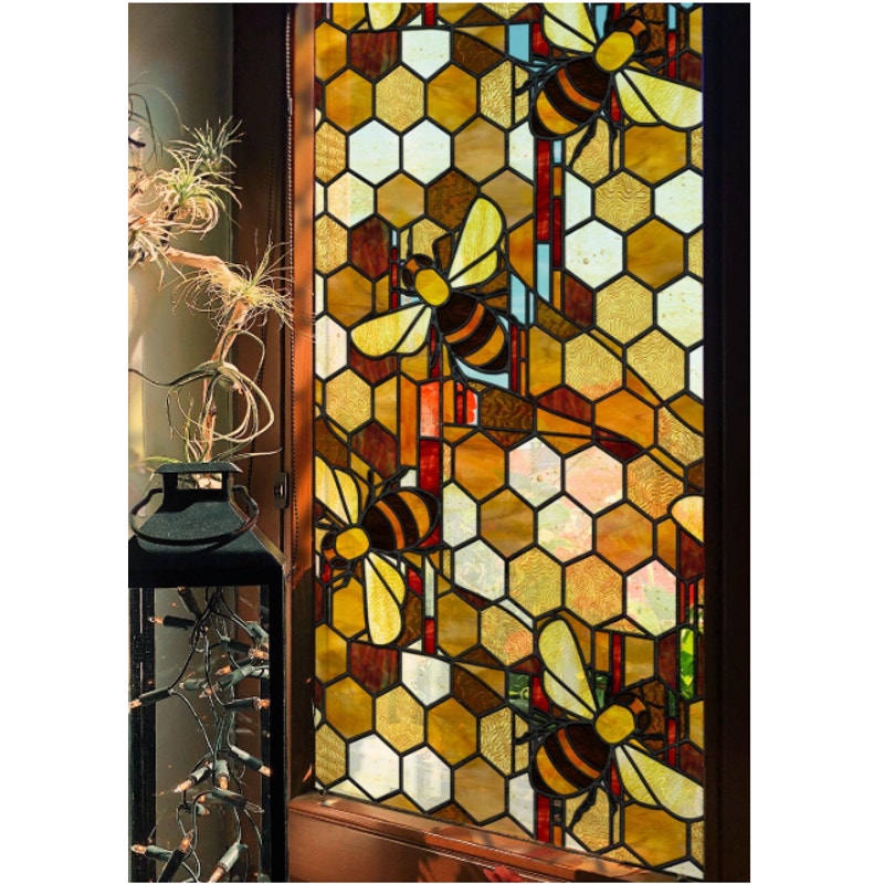 Faux Stained Glass Window Film Double-Sided Static Cling Honey Bee 21"x102"