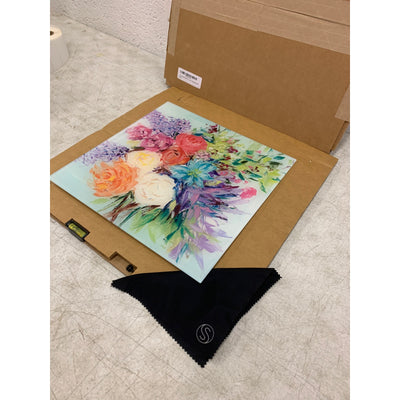 SOULFINE Glass Wall Art Frameless Multi-Color Flower Boquete 12x12"