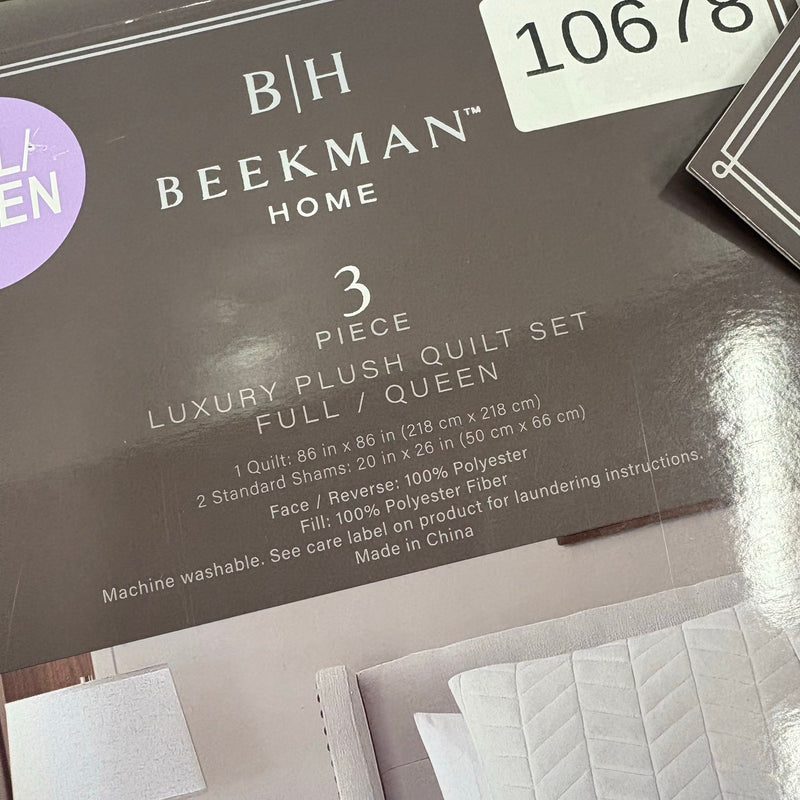 Beekman Home Full/Queen Quilt Set 2 Pillow Shams Plush, Stitching Design - White
