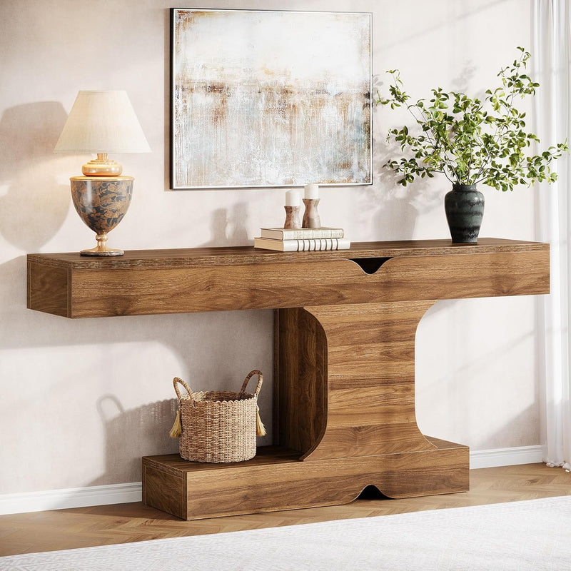 Tribesigns Offset 63" x 32" x 12" Console Table for Living Room/ Entryway, Brown