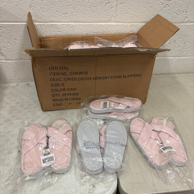 LOT-OF-24 Criss Cross Slippers SMALL, Memory Foam, Rubber Bottom - Pink / White