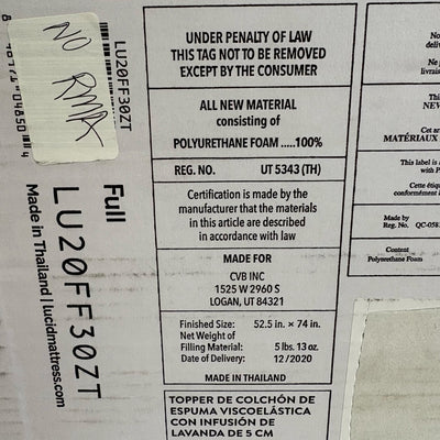 LUCID Lavender Infused 2" Memory Foam Mattress Topper Full Size w 5 Zones Purple