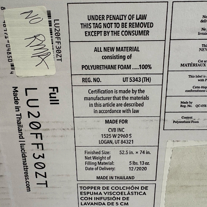 LUCID Lavender Infused 2" Memory Foam Mattress Topper Full Size w 5 Zones Purple