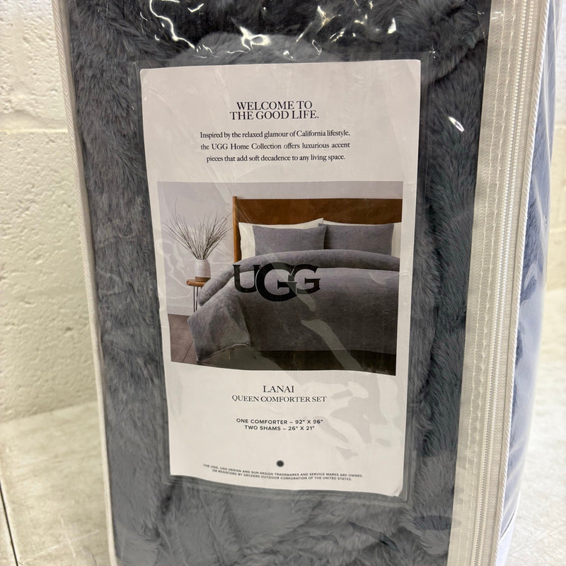 UGG Lanai Queen Comforter Set w 2 Shams, Faux Fur Soft Bedding - Chambray