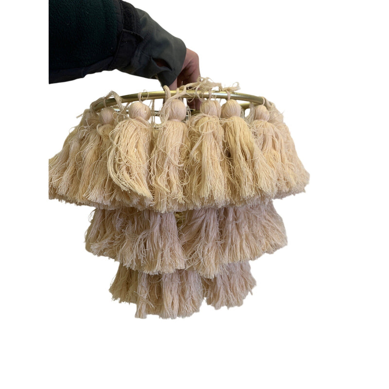 3 Tiered Lamp Shade Salmon Pink Frays With Gold Chain. 1 Light, 12" x 9"