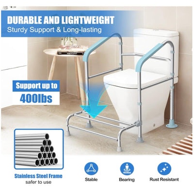 Toilet Safety Rail w Foot Rest Height Adjustable 400LB Steel Foldable & Portable