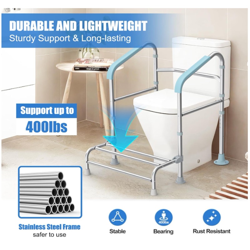 Toilet Safety Rail w Foot Rest Height Adjustable 400LB Steel Foldable & Portable
