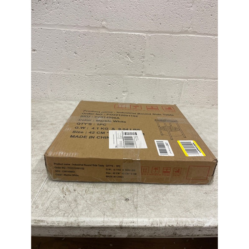 Industrial Round Side Table 15 x 15 x 24 Inches Marble 2 tier, White - Furniture