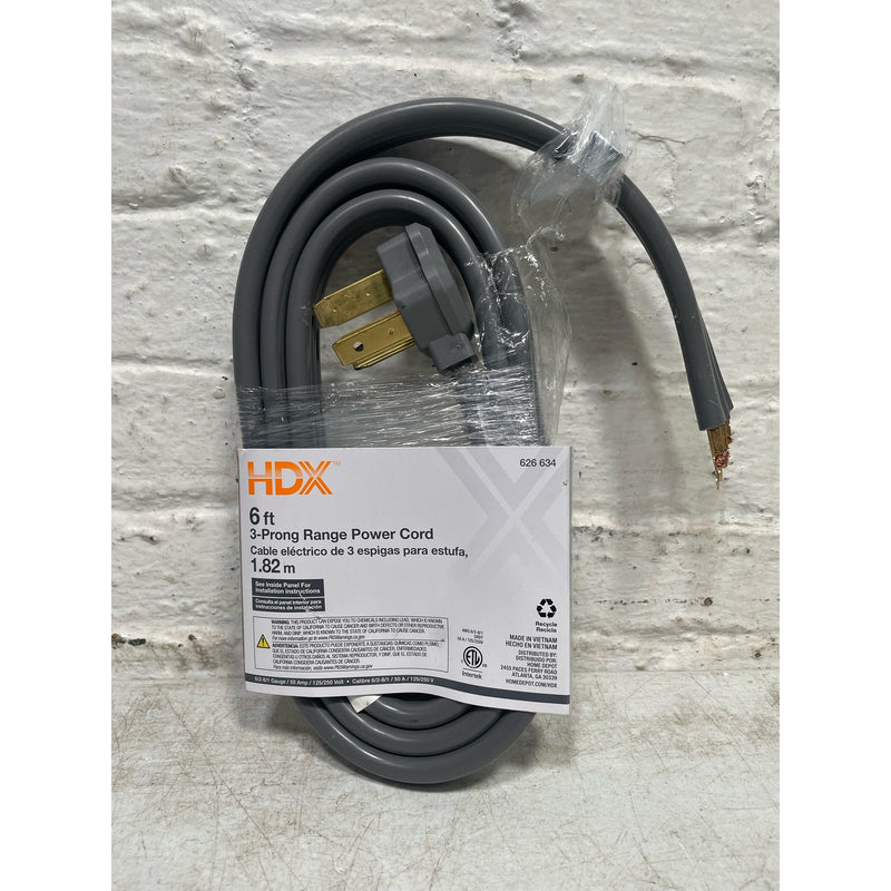 HDX 6 ft 6/3 50 Amp 3-Prong Range Power Cord, Grey, Indoor, Max Temperature 140F