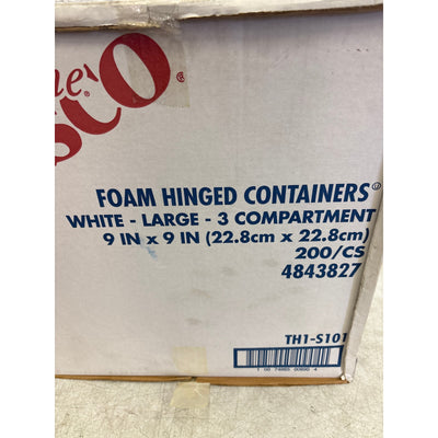 Sysco Foam Hinged Lid Containers White 9" x 9 "x 3", 3-Compartment 200 Pack