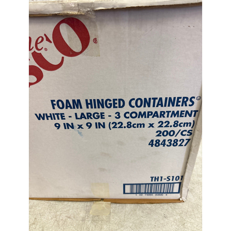 Sysco Foam Hinged Lid Containers White 9" x 9 "x 3", 3-Compartment 200 Pack