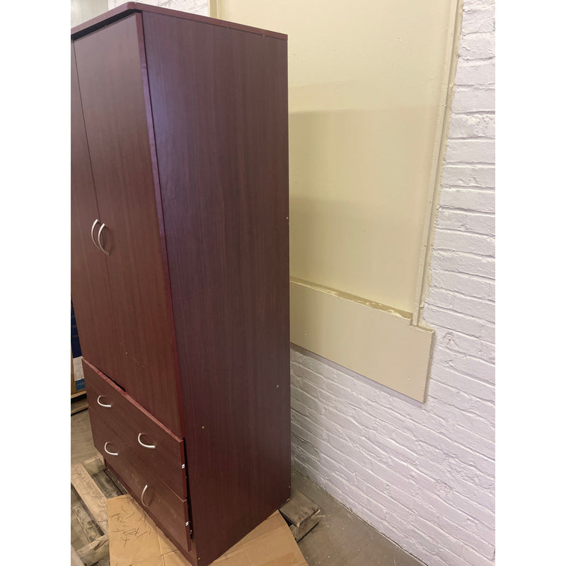 Upright Wooden Storage Cabinet with 2 Drawers 72" x 20" x 32" Red Wood Finish