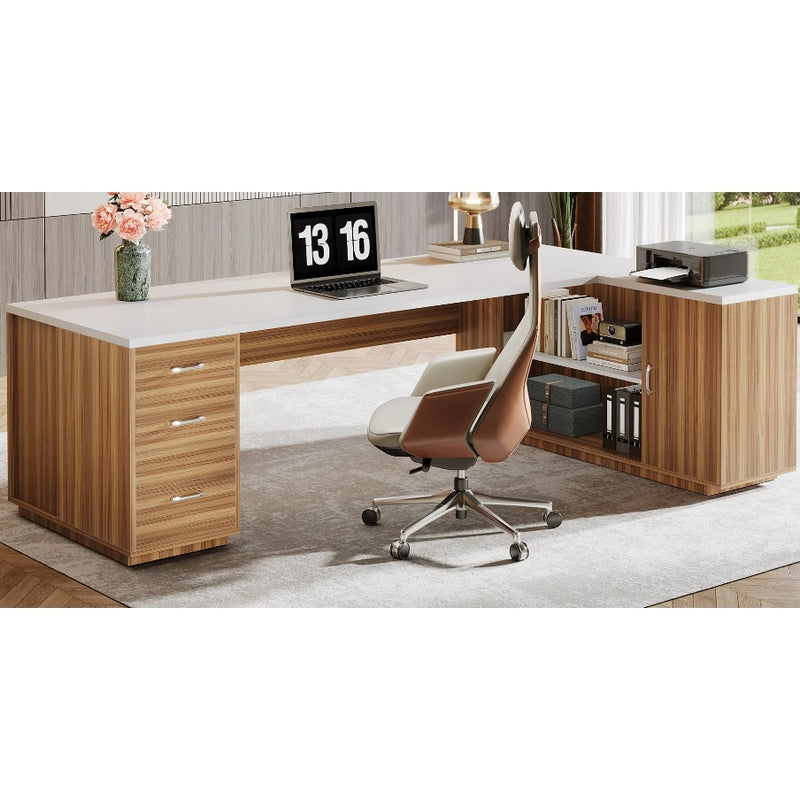 Tribesigns 85.8" Executive Desk L-Shaped Office Desk, Computer Desk File Drawers