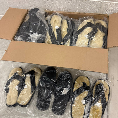 LOT-OF-24 Fireside Flip Flops LARGE, Fur Lining, Rubber Bottom - Black / Tan