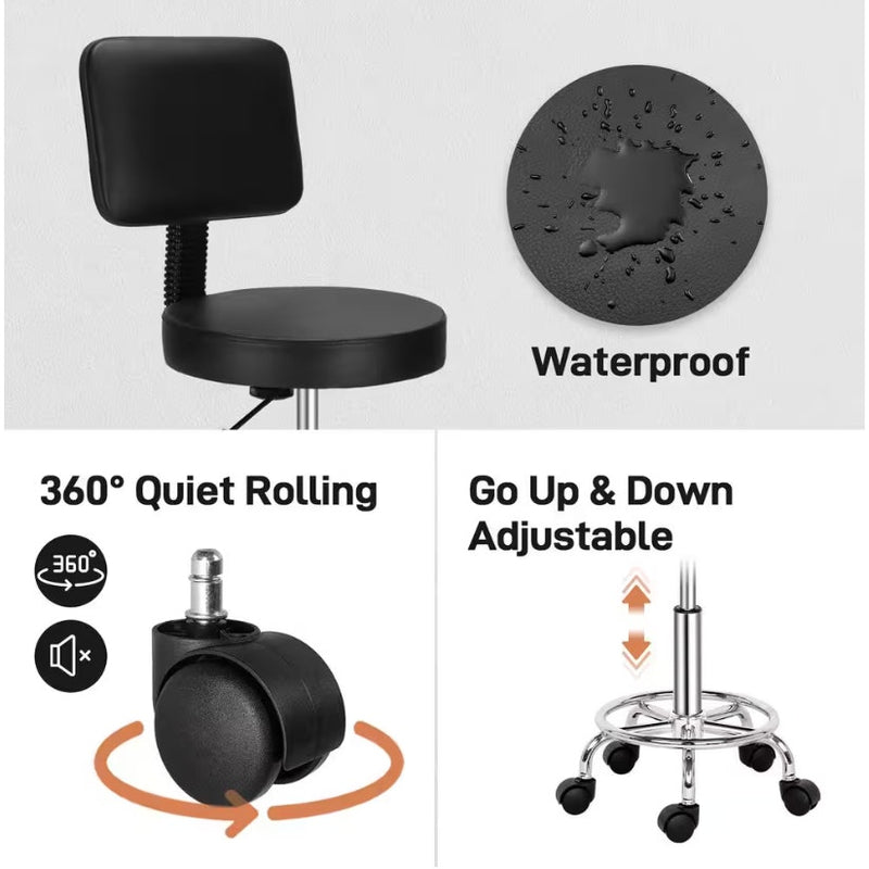 Black PU Leather Adjustable Chair / Swivel Stool, Removable Backrest, Black