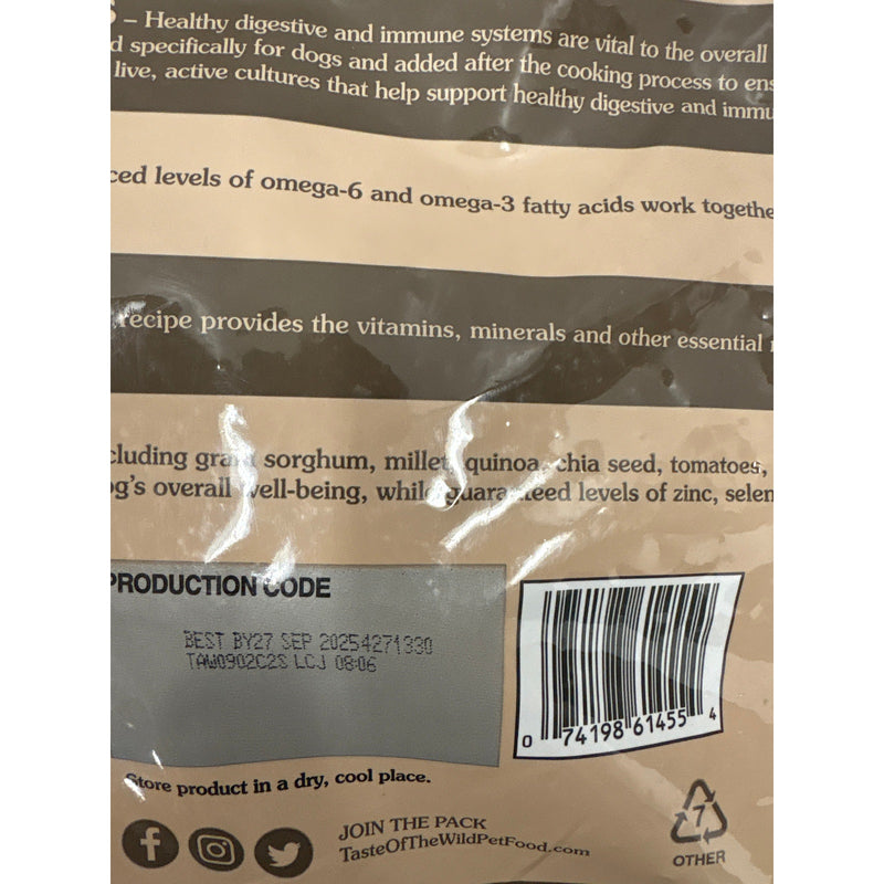 Taste of the Wild Wetlands Fowl & Ancient Grains 28lbs Dog Food BB 9/27/25