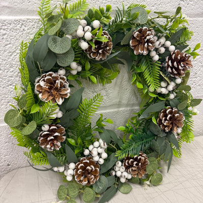 (Set-of-2) 14" Classic Artificial Holiday Wreaths w/ White Berries & Pine Cones