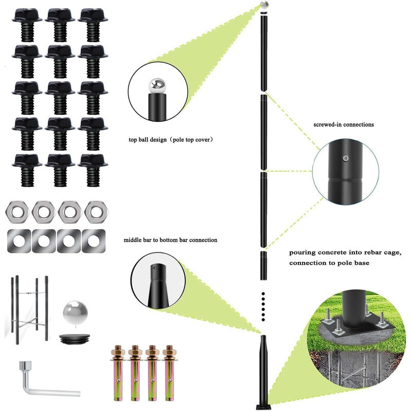 20ft Light Pole Adjustable Metal Post with Mounting Rebar Cage, Black, Pole ONLY