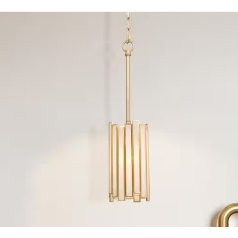 LNC Modern Gold 1-Light Hanging Light Drum Pendant Light w Stained Glass Shade