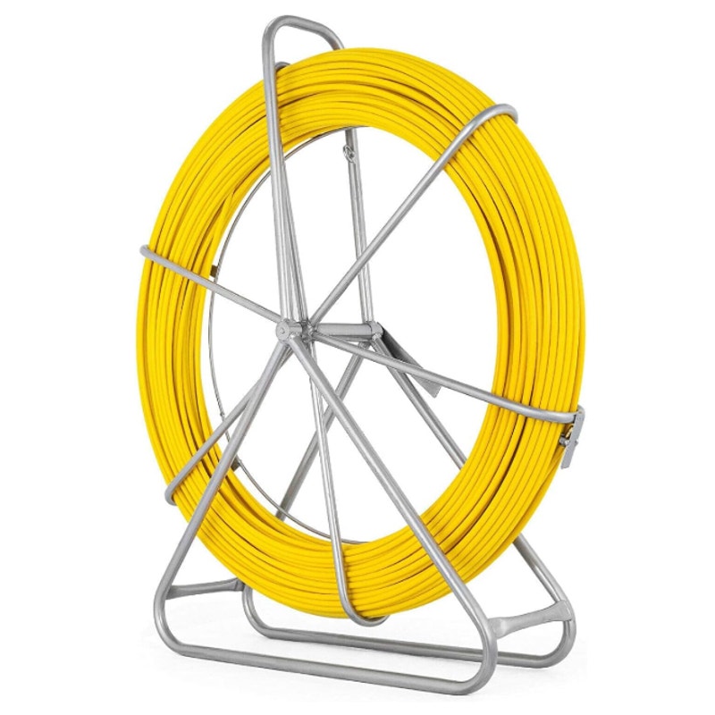 Fish Tape Fiberglass 6MM 656FT Duct Rodder Fish Tape Puller w Cage & Wheel Stand