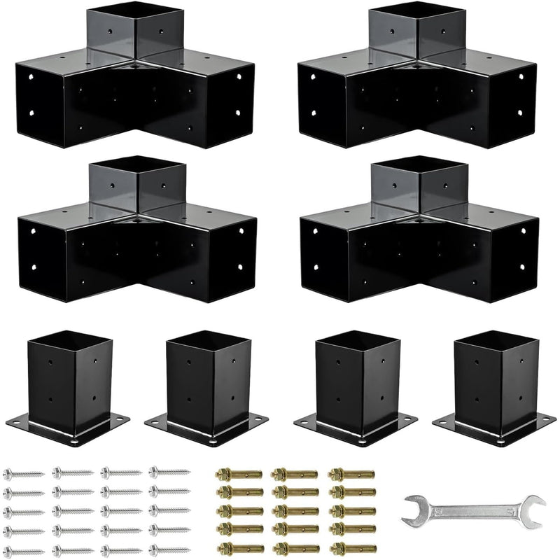4-SETS Minneer 4" x 4" Pergola Right Angle Bracket Kit Real: 3.5" x 3.5" Black