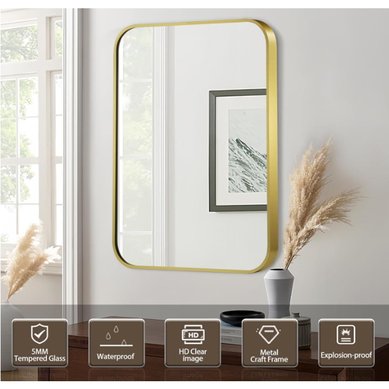 CLBA Matte Gold Mirror 22x30" Rounded Rectangle Aluminum Alloy Framed Vanity