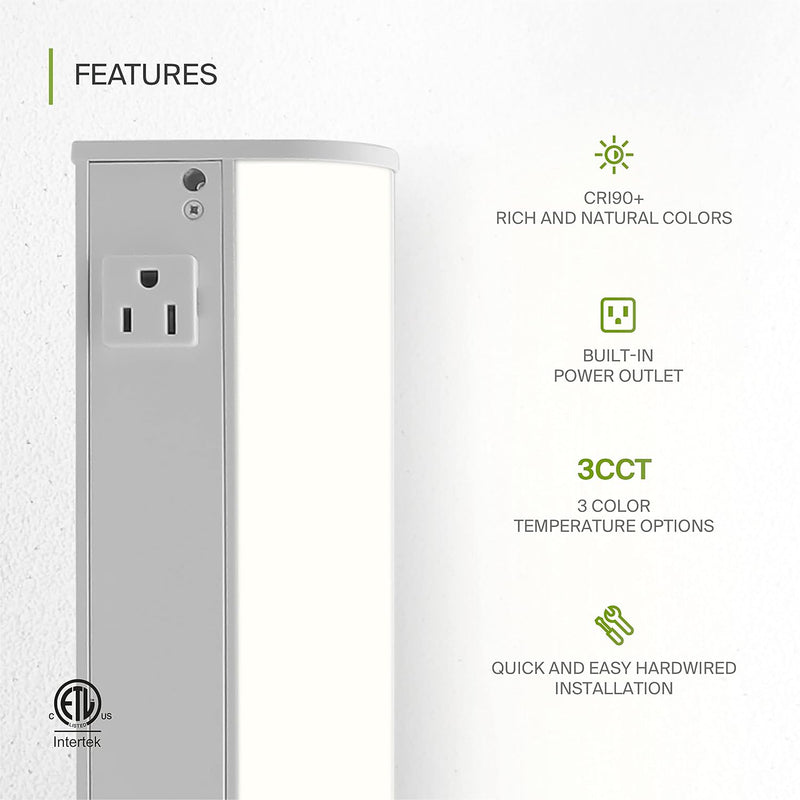 ASD LED Under Cabinet Bullnose Lighting with 1 Power Outlet, 24in 12W - White