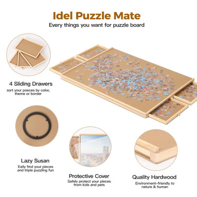 1000 Piece Puzzle Board with 4 Drawers and Cover, 30"x22" Spinning Board - Tan