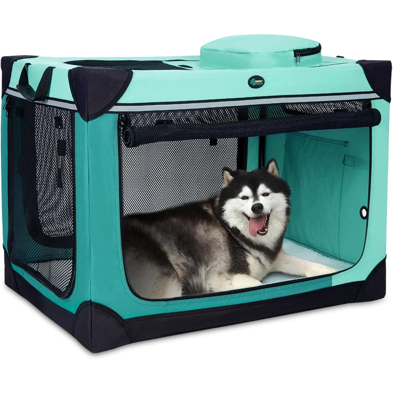 Ownpets Collapsible Dog Crate, 42" Portable for Travel, Blue Mesh, 4 Windows
