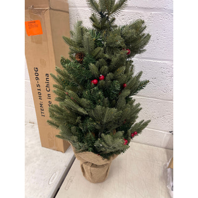 3 ft. Christmas Tree with Pinecones/Berries and Burlap Wrapped Stand - Pre Lit