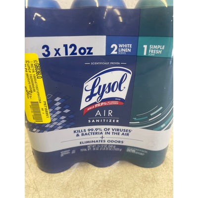 Lysol Air Sanitizer Spray White Linen (2) & Simple Fresh (1) Scent 36 oz 3 Count