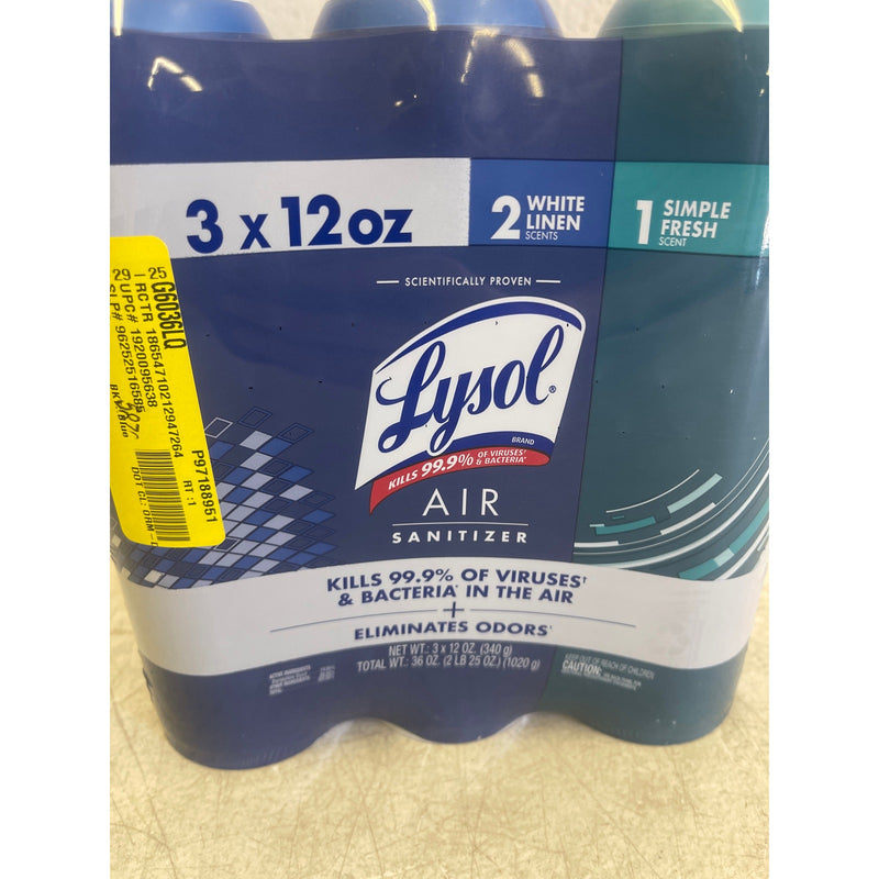 Lysol Air Sanitizer Spray White Linen (2) & Simple Fresh (1) Scent 36 oz 3 Count
