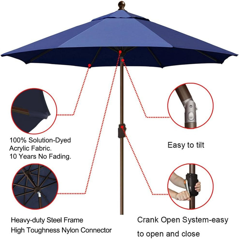 EliteShade 9Ft Patio Market Umbrella w Ventilation, Crank & Tilt - Navy Blue