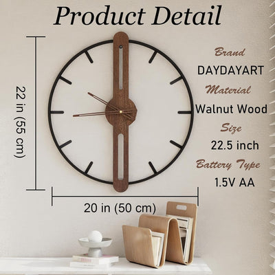 20in Modern Wood Dial Wall Clock with Metal Frame, Silent Non Ticking - Black