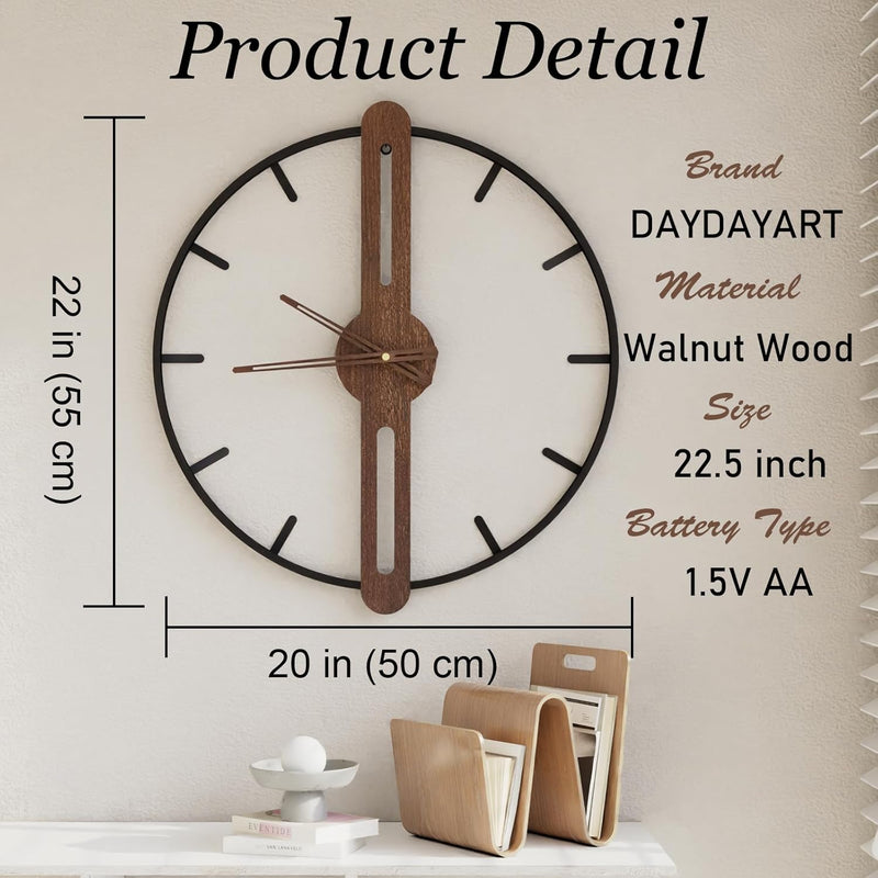 20in Modern Wood Dial Wall Clock with Metal Frame, Silent Non Ticking - Black
