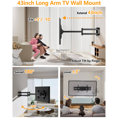 Full Motion Long-Arm TV Mount (43in arm) Fits 42–90" Flat/Curve TVs - Black