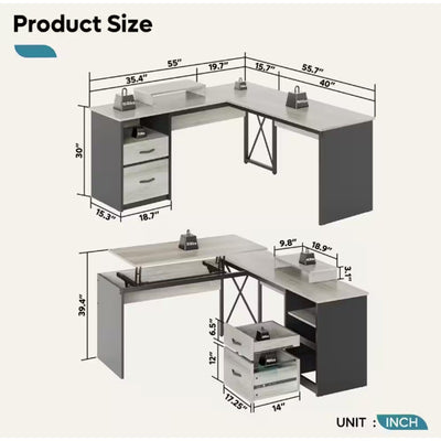 55.7 in. Retro Grey Oak Light 2 Drawer L-Shaped Computer Desk with Lift-Top