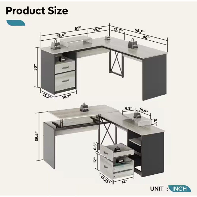 55.7 in. Retro Grey Oak Light 2 Drawer L-Shaped Computer Desk with Lift-Top