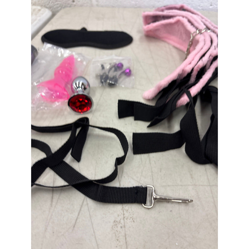 Bondage Kit Adult Handcuffs Ball Gag Nipple Clamps Blindfold Vibrator Plug Whip