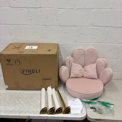 VINGLI Petal Makeup Vanity Chair with Back, Gold Legs & Bow Pillow - Pink