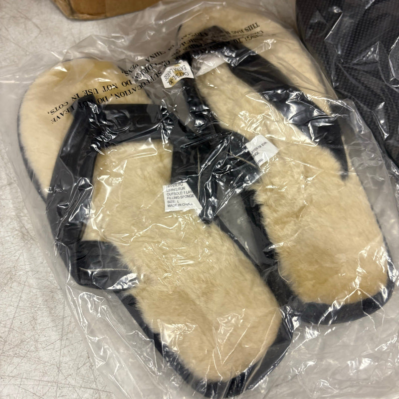LOT-OF-24 Fireside Flip Flops LARGE, Fur Lining, Rubber Bottom - Black / Tan