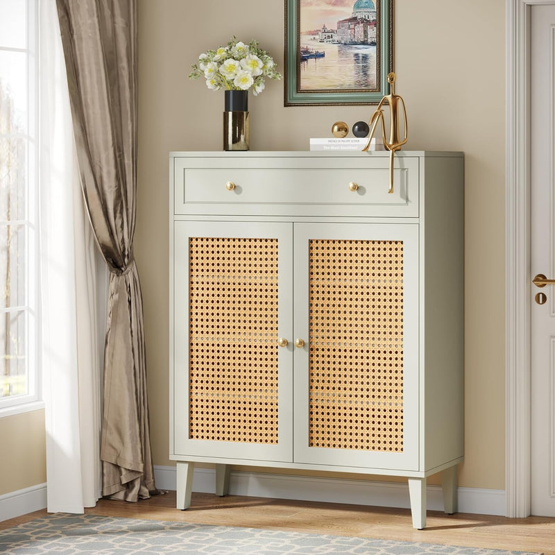 Tribesigns Wooden Shoe Cabinet, Rattan Shoe Organizer w 2- Doors & Drawer, Green