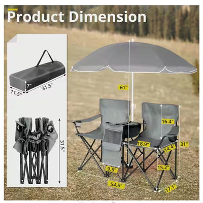Portable 2-Person Folding Chair with Removable Umbrella, Center Storage - Gray