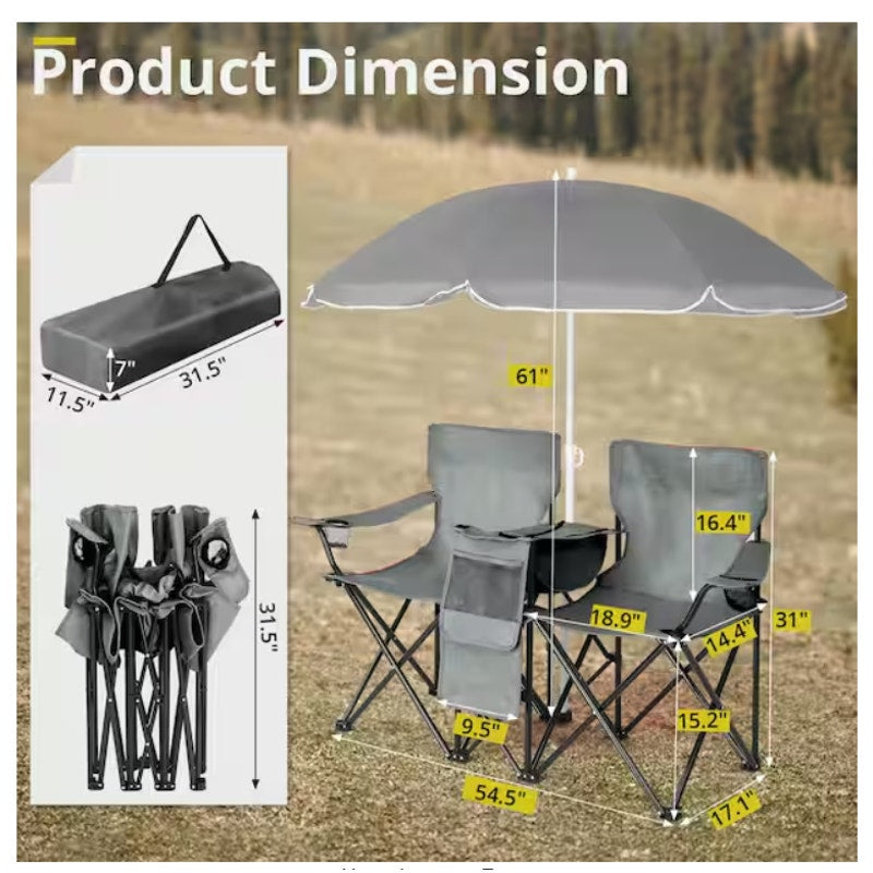 Portable 2-Person Folding Chair with Removable Umbrella, Center Storage - Gray