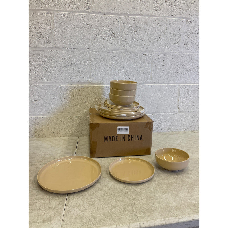 Melamine Dinnerware Sets, 12Pcs Dishes Set for 4, Plates and Bowls Sets - Tan