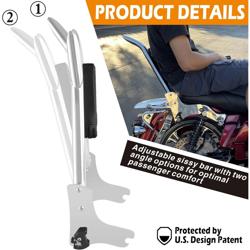 Harley Touring 27" Trident Adjustable Detachable Backrest Sissy Bar Chrome 97-08