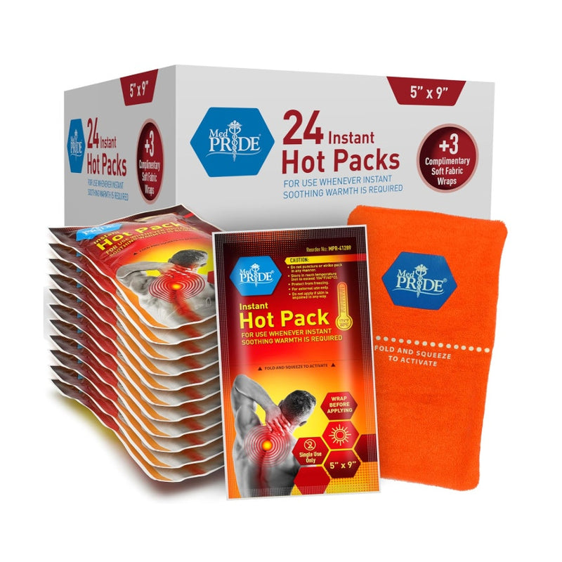 MED PRIDE Instant Hot Packs Disposable, Pain Relief 5"x9" 24-Pack 3 Fabric Wraps