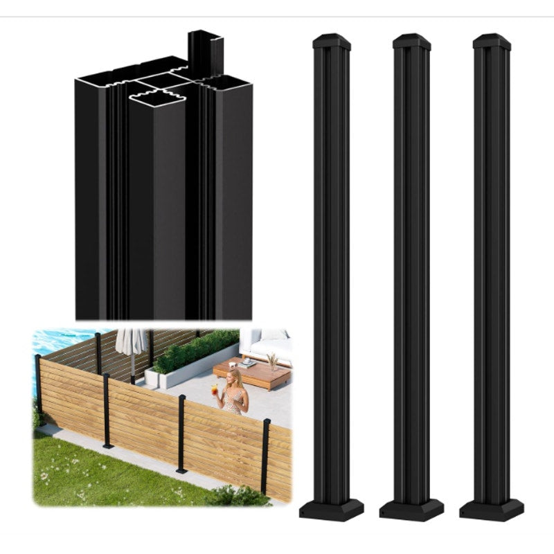 3 Pack 45" 3-Way Aluminum Fence Post, 1.8mm Thick Walls & 10mm Base - Black